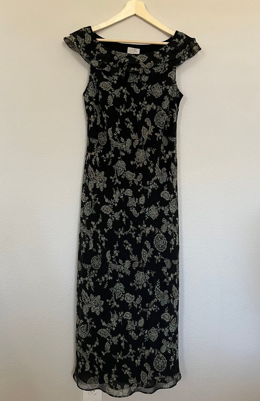 Vintage Ann Taylor LOFT Black Floral Sleeveless Maxi Dress Size 10